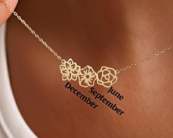 18K Gold Birth flower Necklace , Gift for Mom, Personalized Gift, Birth flower Family Gift, Mothers Day Gift, Birthday Gift for Her