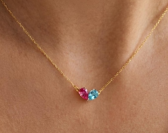 Toi et Moi Teardrop Heart Necklace by Aileen Minimalist, Custom Birthstone Necklace, Personalized Jewelry, Christmas Gift