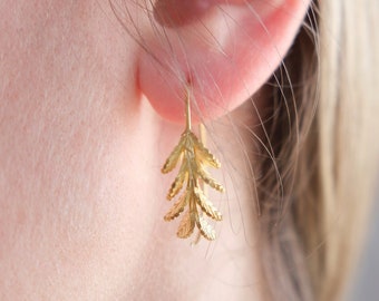 Rosemary Hoop Earrings, Gold Leaf Hoop Earrings, Twig Branch Earrings, Nature Plant Leaf Earrings, Woodland Earrings, Rosemary Hoop,Mom Gift