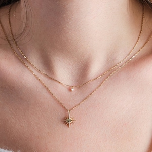 May include: A gold necklace with a star pendant and a small pearl charm.