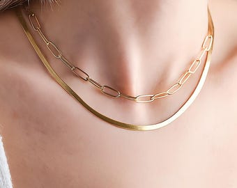 18K Gold Herringbone Chain Necklace, Snake Chain, Herringbone Chain, Snake Necklace for Her, Everyday Necklace for Women, Christmas Gift