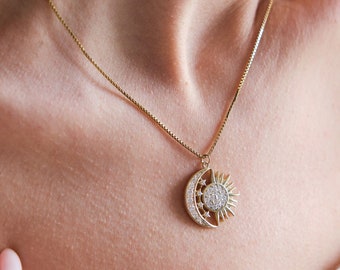 Sun Moon Necklace, Solar Eclipse Necklace, Celestial Sunshine Necklace, Crescent Moon Necklace, Stars Necklace, Sun Necklace, Christmas Gift