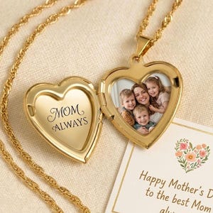 Handmade Personalized Heart Photo Locket Necklace for Mom – Custom Engraved Keepsake with Names, Photos & Dates, Unique Mother’s Day Gift