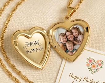 Handmade Personalized Heart Photo Locket Necklace for Mom – Custom Engraved Keepsake with Names, Photos & Dates, Unique Mother’s Day Gift
