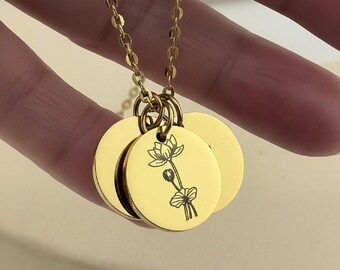 18K Gold Dainty Birth flower Necklace, Personalized Gift, Birth Flower Family Gift, Initial Necklace, Gift for Mom, Mother's Day Gift