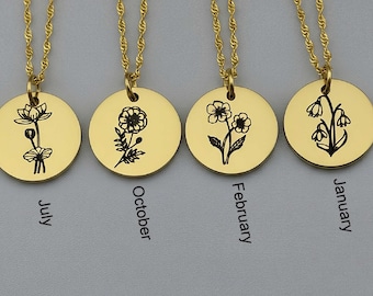 18K Gold Dainty Birth flower Necklace, Personalized Gift, Birth Flower Family Gift, Initial Necklace, Gift for Mom, Mother's Day Gift