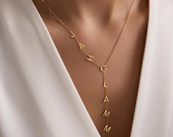 18K Gold Lariat Initial Necklace, Custom Drop Name Necklace, Gold Name Y Necklace, Personalized Gifts, Bridesmaid Jewelry, Christmas Gifts