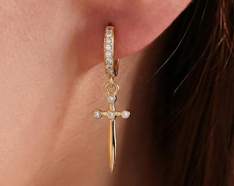 Dainty Diamond Cross Earrings, 18K Gold Cross Hoop Earrings, Dagger Sword Earrings, Baptism or Confirmation Gift, Christmas gift