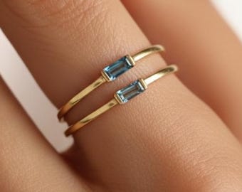 18K Gold Birthstone Ring, Custom Baguette Gemstone Ring, Dainty Stackable Ring, Personalized Jewelry, Mothers Ring, Christmas Gift