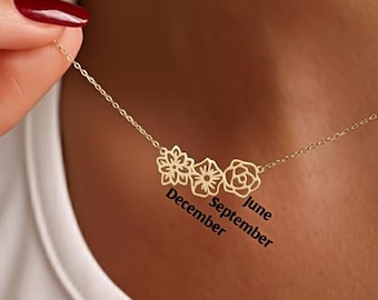 Dainty Birth flower Necklace , 18K Gold Birth Flower Bouquet Necklace, Personalized Gift, Birth flower Family Gift, Christmas gifts