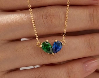 Toi et Moi Teardrop Heart Necklace by Aileen Minimalist, Custom Birthstone Necklace, Personalized Jewelry, Christmas Gift