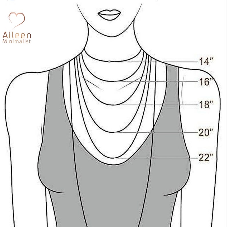 May include: A diagram showing different necklace lengths on a model, ranging from 14 inches to 22 inches.