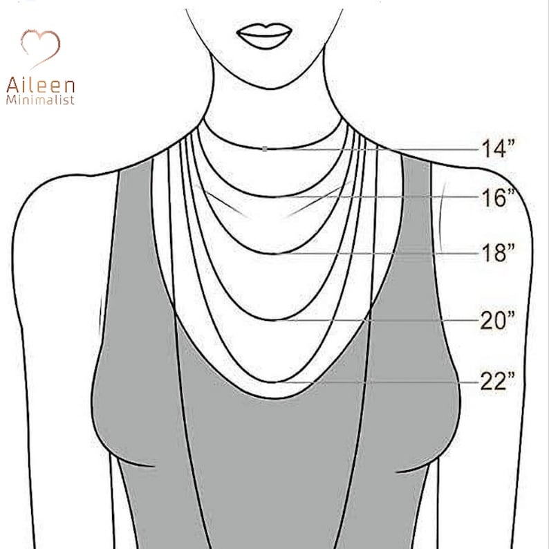 May include: A diagram showing different necklace lengths on a model. The lengths are marked in inches, starting at 14 inches and increasing by 2 inches to 22 inches.
