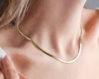 18K Gold Herringbone Chain Necklace, Snake Chain Necklace, Everyday Necklace for Women, Snake Necklace for Her, Christmas Gift