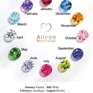 May include: A chart showing the birthstones for each month of the year. The chart features a colorful array of gemstones, including garnet, amethyst, aquamarine, diamond, emerald, alexandrite, ruby, peridot, sapphire, pink tourmaline, citrine, and blue zirconia.