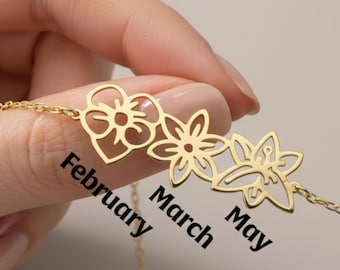 Dainty Birth flower Necklace , 18K Gold Birth Flower Bouquet Necklace, Personalized Gift, Birth flower Family Gift, Christmas gifts