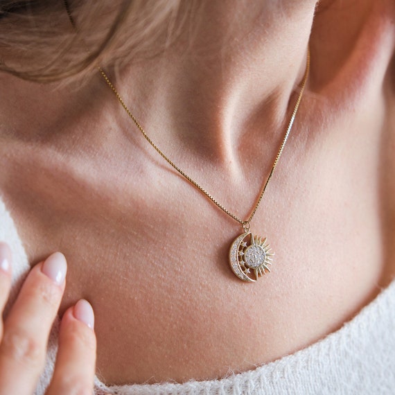 Sun Moon Necklace, Solar Eclipse Necklace, Celestial Sunshine Necklace, Crescent Moon Necklace, Stars Necklace, Sun Necklace, Christmas Gift