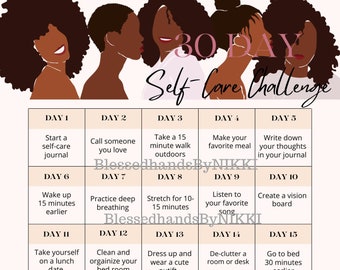May include: A 30-day self-care challenge chart with daily activities to promote well-being. The chart features a grid with 30 squares, each representing a day. Each square contains a different self-care activity, such as taking a walk, practicing deep breathing, or creating a vision board.
