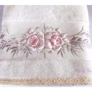 Toalla de mano turca con encaje y bordado, 100 % algodón turco de primera calidad, ideal como regalo de boda, nupcial, francés, victoriano, con rosas rosas.