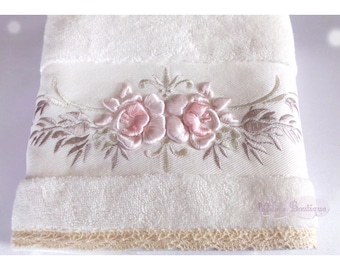 Turkish hand towel with lace and embroidery, 100% premium turkish cotton, wedding bridal french victorian pink roses gift idea
