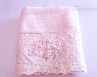 Turkish hand towel. Cotton/bamboo blend, Pink victorian shabby chic French laces guest bathroom decor gift idea for her romantic