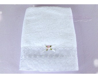 Turkish bath towel with lace embroidery 100% cotton floral rose french victorian style wedding gift bridal shower purple lilac white