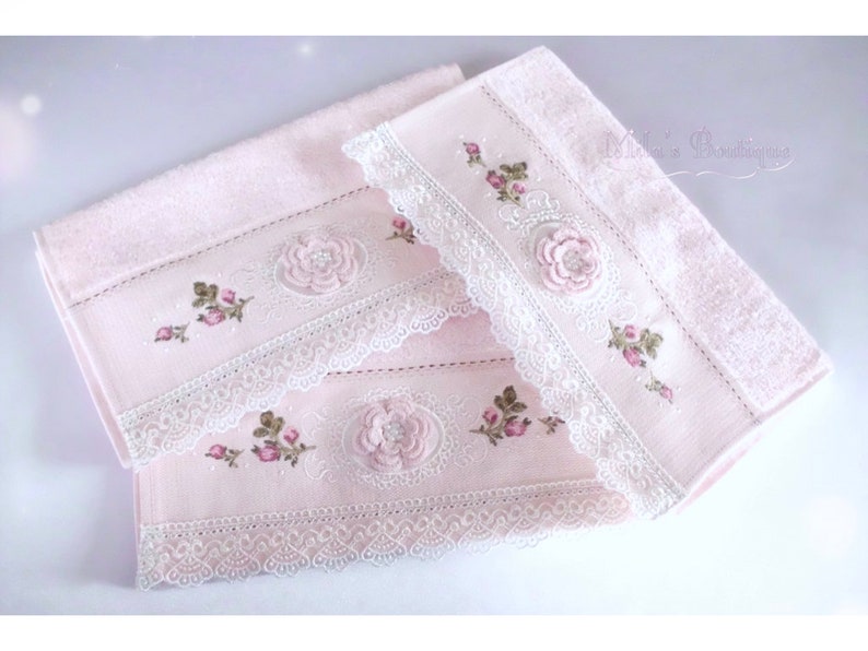 Turkish towel set, lace embroidery, cotton/bamboo blend, floral roses wedding gift bridal shower, Victorian French style pale baby pink image 4