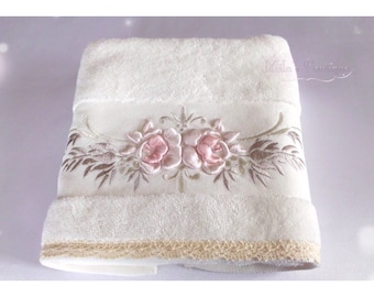 Turkish hand towel with lace and embroidery, 100% premium turkish cotton, wedding bridal french victorian pink roses gift idea