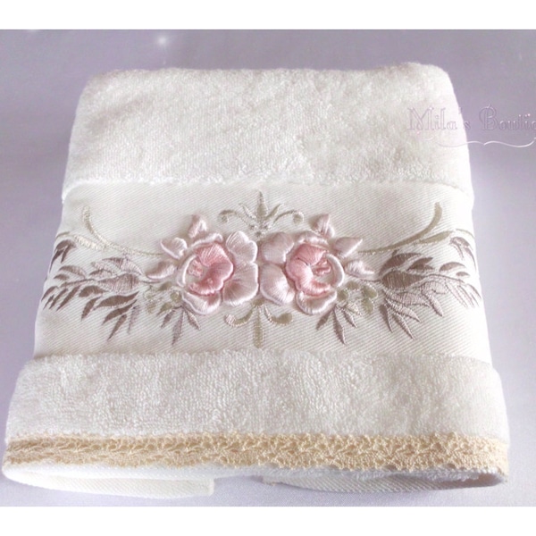 Turkish hand towel with lace and embroidery, 100% premium turkish cotton, wedding bridal french victorian pink roses gift idea