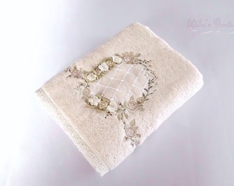 Turkish hand towel, lace embroidery cotton/bamboo, floral wedding gift bridal shower, beige, cappuccino, Victorian style, wreath