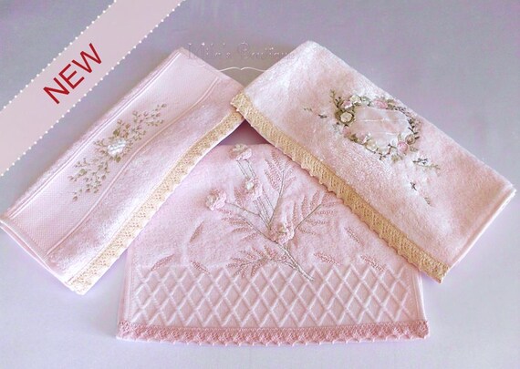Small hand/fingertip towels, set of 3. Pink victorian shabby chic french laces guest bathroom decor gift idea for her romantic