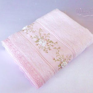 Turkish hand towel, lace embroidery cotton/bamboo, floral roses wedding gift bridal shower, victorian light pink victorian style