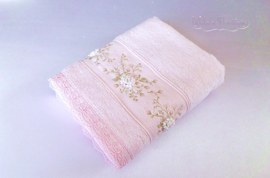 Turkish hand towel, lace embroidery cotton/bamboo, floral roses wedding gift bridal shower, victorian light pink victorian style