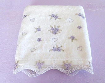 Turkish towel with lace embroidery bamboo / cotton wedding gift idea bridal shower victorian shabby chic french decor white color