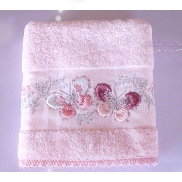 Turkish hand towel with lace and embroidery, 100% premium turkish cotton, wedding bridal french victorian pink butterfly gift idea