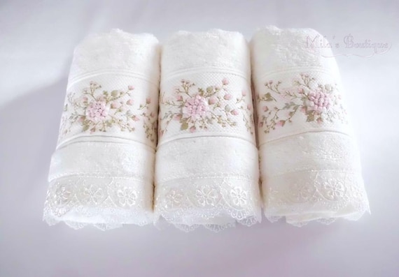 Hand towel set with lace  white color home decor gift idea for her romantic floral victorian shabby chic guest bathroom decor cotton/bamboo