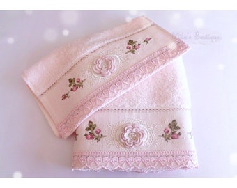Turkish hand towel set, lace embroidery cotton/bamboo, floral roses wedding gift bridal shower, victorian light pink victorian style