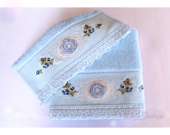 Turkish towel set, lace embroidery, cotton/bamboo blend, floral roses wedding gift bridal shower, victorian tender sky blue victorian style