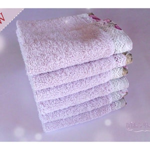 Washcloth with lace embroidery, set of 6. Lilac light purple floral victorian shabby chic french romantic bathroom decor gift idea for her