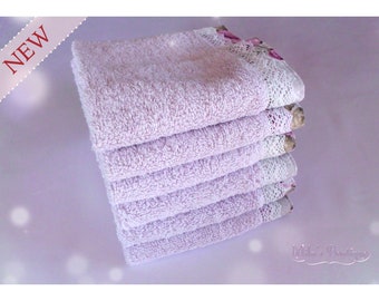 Washcloth with lace embroidery, set of 6. Lilac light purple floral victorian shabby chic french romantic bathroom decor gift idea for her