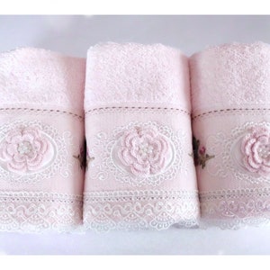 Turkish towel set, lace embroidery, cotton/bamboo blend, floral roses wedding gift bridal shower, Victorian French style pale baby pink image 1