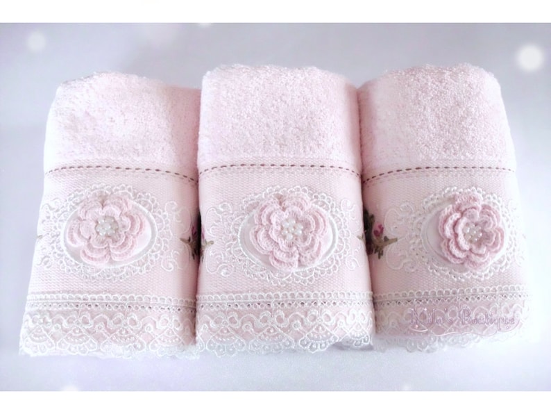 Turkish towel set, lace embroidery, cotton/bamboo blend, floral roses wedding gift bridal shower, Victorian French style pale baby pink image 1
