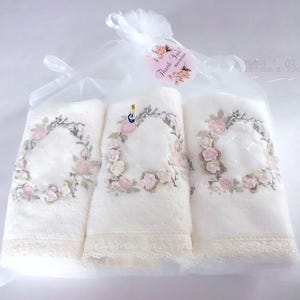 Small hand/fingertip towels, set of 3. White victorian shabby chic French laces guest bathroom decor gift idea for her romantic