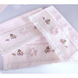 Turkish towel set, lace embroidery, cotton/bamboo blend, floral roses wedding gift bridal shower, Victorian French style pale baby pink image 2
