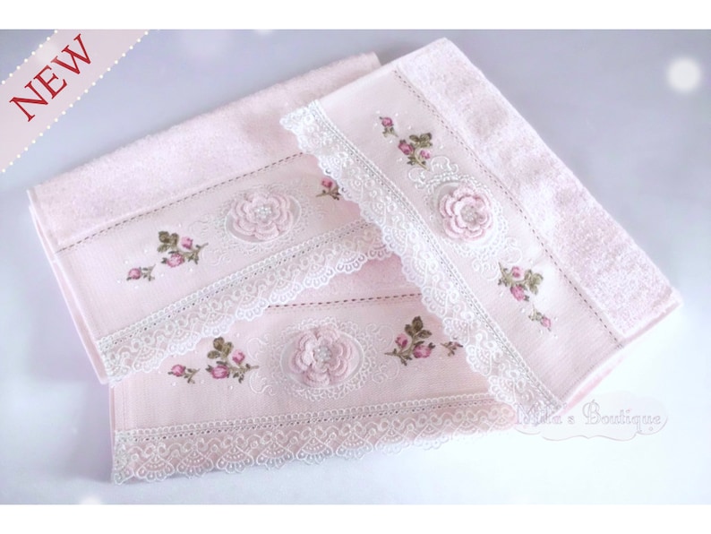 Turkish towel set, lace embroidery, cotton/bamboo blend, floral roses wedding gift bridal shower, Victorian French style pale baby pink image 2