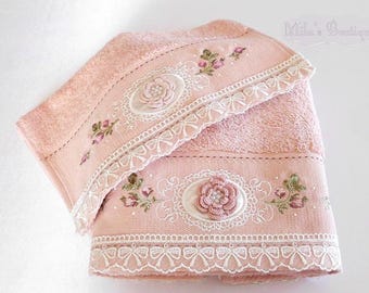 Turkish hand towel set, lace embroidery cotton/bamboo, floral roses wedding gift bridal shower, victorian tender peach coral victorian style