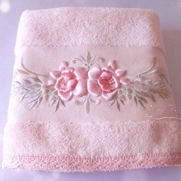 Serviette à main turque avec dentelle et broderie, coton turc 100% premium, mariage mariée français roses roses victoriennes idée cadeau