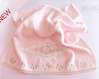 Turkish hand towel, lace embroidery cotton/bamboo, floral roses wedding gift bridal shower, victorian light pink victorian style