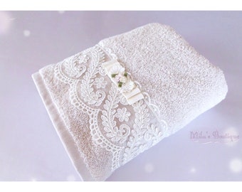 Turkish hand towel, lace embroidery, 100% turkish micro cotton floral roses wedding gift bridal shower pale gray victorian style