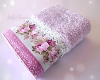 Turkish towel, lace embroidery, 100% cotton, wedding gift idea, bridal shower victorian style, rose floral lace white lilac purple